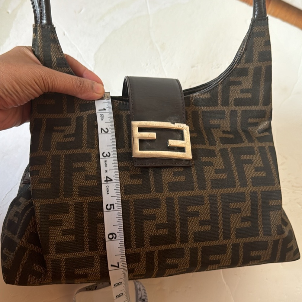 Fendi Brown Logo Canvas Shoulder Bag with Dark Brown Leather Trim - Picture 7 of 14